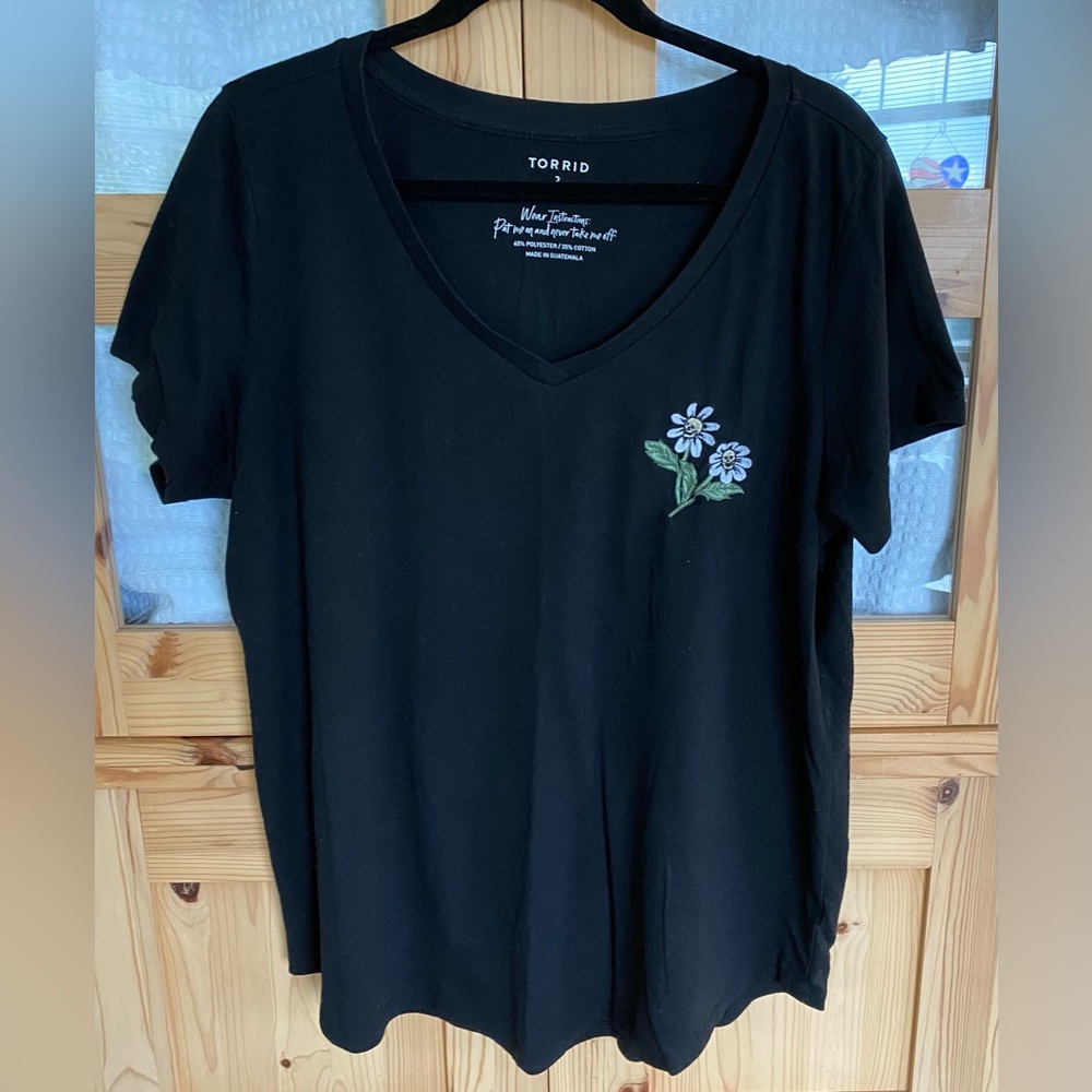 Torrid Black V-Neck Tee with Floral Detail